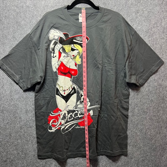 Y2K Pirate Girl Graphic T-Shirt Gray "Deceit" XL Tattoo Streetwear Alt Vibes - Picture 2 of 6